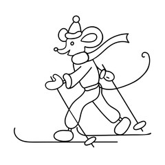 The mouse is skiing in winter clothes. Handwork. Character. Line drawing. Symbol of the new year 2020.