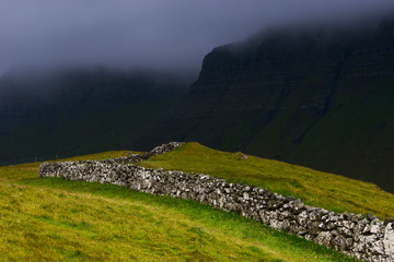 Fields and dry stone wall, Faroe Islands