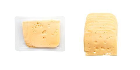 Set of two photos isolated on white. Top view close-up of square cheese radamer slices in a package isolated on a white background. Slices of swiss cheese.Maasdam - Dutch hard cheese with large holes.