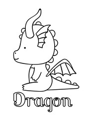 Coloring pages, black and white cute hand drawn dragon doodles, lettering dragon