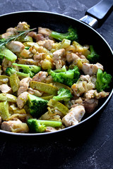 Boneless chicken with zucchini, broccoli on a pan