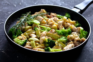 Keto diet dish chicken meat pieces with vegetables
