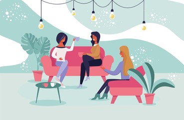 Girls Friends Meeting at Cafe Vector Illustration. Women Cartoon Character Drinking Tea or Coffee and Chatting. Colleagues on Lunch or Coffee Break. Rest and Relax on Weekend. Vector Flat Illustration