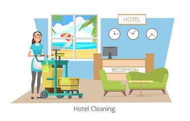 Hotel Cleaning Flat Cartoon Banner Vector Illustration. Maid in Uniform Pushing Trolley Cart with Supply. Worker Standing near Reception Desk. Window with View on Sea and Sand. Service on Vacation.
