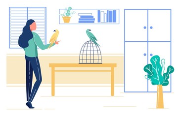 Young Woman Holding Parrot on Hand, another one Sitting on his Cage in Vet Clinic Cabinet or Room Interior. Care for Domestic Animals, Relaxation, Leisure, Spare Time Cartoon Flat Vector Illustration