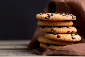 Stacked chocolate oat cookies Close up. Tasty snack and Sweet dessert