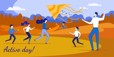 Happy Family Members Spending Active Day Together Motivation Flat Poster. Mother and Father with Children Flying Kite in Natural Autumn Park. Happiness and Love. Vector Cartoon Illustration