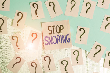Text sign showing Stop Snoring. Business photo showcasing noisy breathing during sleep due to...