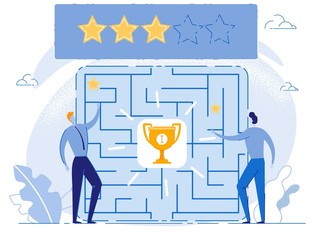 Hard Entangled Way for Positive Social Feedback Metaphor. Cartoon Men Competitors and Huge Abstract Square Maze Getting Stars Rating. Competition for Prize Trophy Cup. Vector Illustration