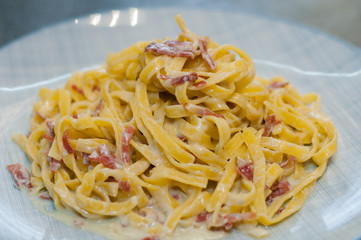Tasty pasta with cheese and sausage. Traditional italian dish