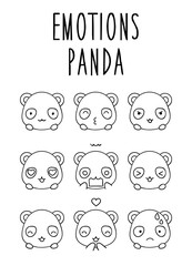 Coloring pages, black and white cute hand drawn emotion panda doodles