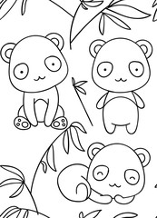 seamless pattern, black and white cute hand drawn panda doodle, coloring pages