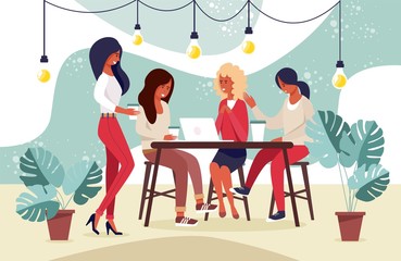 Young Female People Community Sharing Ideas, Thoughts and News. Women Sitting at Table in Cafe or Coworking Office. Staff or Friends Meeting at Informal Setting. Vector Flat Cartoon Illustration