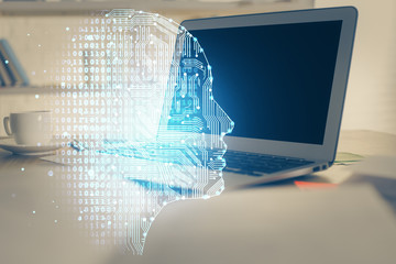 Multi exposure of work table with computer and brain hologram. Brainstorm concept.