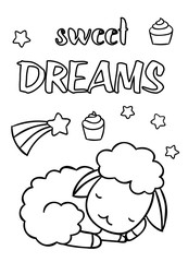 Coloring pages, black and white cute hand drawn sheep and stars doodles, lettering sweet dreams, print