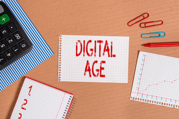 Word writing text Digital Age. Business photo showcasing introduction of the demonstratingal computer with subsequent technology Striped paperboard notebook cardboard office study supplies chart paper