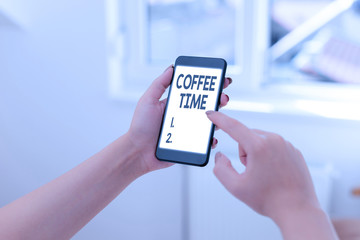 Text sign showing Coffee Time. Business photo showcasing a short period of time in which you stop...