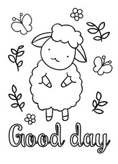 Coloring pages, black and white cute hand drawn sheep and butterfly doodles, lettering good day, print