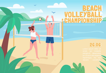 Beach volleyball championship banner flat vector template. Brochure, poster concept design with cartoon characters. Summertime active recreation horizontal flyer, leaflet with place for text