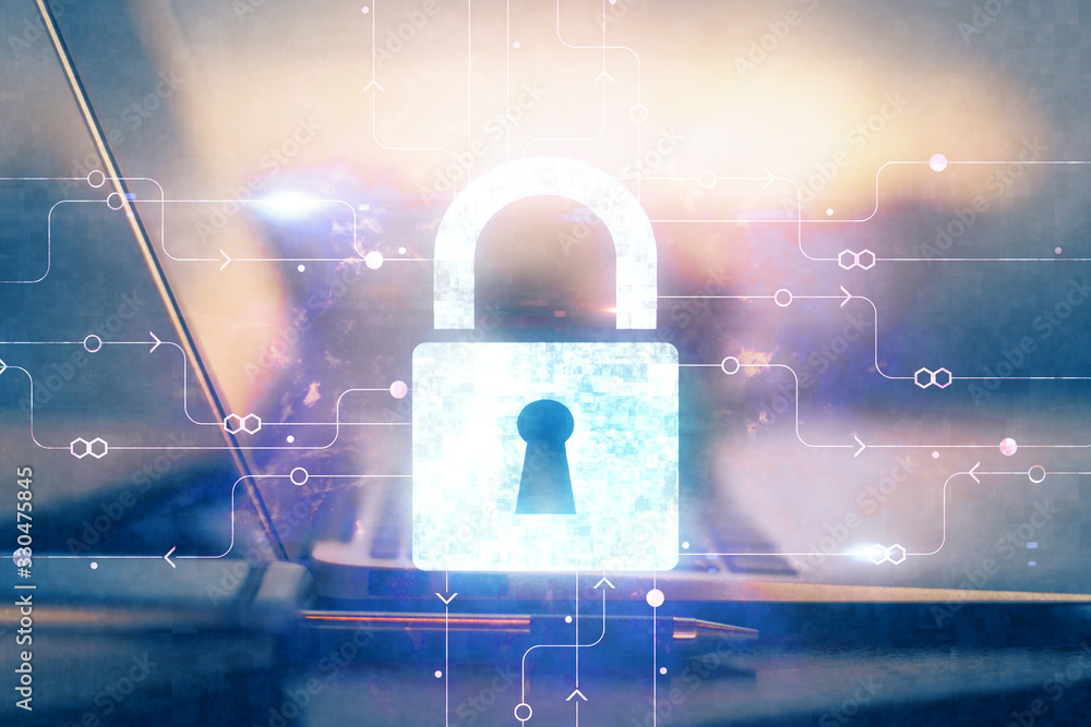 Poster double exposure of desktop with computer and lock icon hologram. concept of data safety.