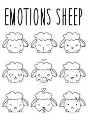 Obraz premium Coloring pages, black and white cute hand drawn emotion sheep doodles, isolated