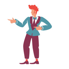 Red haired handsome guy gesturing with finger flat color vector faceless character. Old fashioned cool male person. Confident man in retro style suit standing isolated cartoon illustration