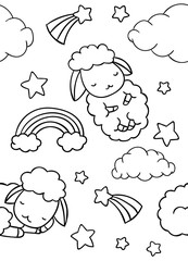 seamless pattern, black and white cute hand drawn sheep cloud and star doodle, coloring pages, print