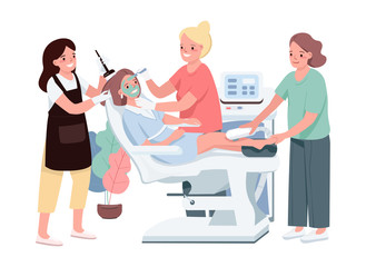 Spa flat color vector characters. Young caucasian woman getting cosmetic treatment. Female applying green mask. Laser depilation. Hair coloring. Beauty salon procedure isolated cartoon illustration