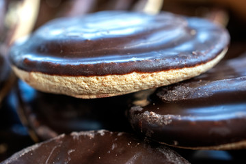 Close up of round chocolate biscuits
