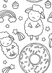 seamless pattern, black and white cute hand drawn sheep and star and donut doodle, coloring pages, print