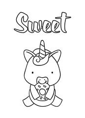 Coloring pages, black and white cute hand drawn unicorn with donut doodles, lettering sweet, print