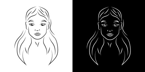 Young beautiful woman contour portrait vector illustration. Teenage girl face with smiling expression realistic line art. Lady with natural beauty outline character on black and white backgrounds