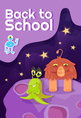 Back to school poster flat vector template. Fantastic creatures, mythical animals. Brochure, booklet one page concept design with cartoon characters. Childhood, study flyer, leaflet
