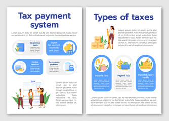 Tax payment system flat vector brochure template. Taxes types flyer, booklet, printable leaflet design. Financial literacy magazine page, cartoon annual reports, infographic posters with text space