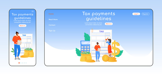 Tax payments guidelines adaptive landing page flat color vector template. Utility services mobile and PC homepage layout. Taxation one page website UI. Financial literacy webpage cross platform design