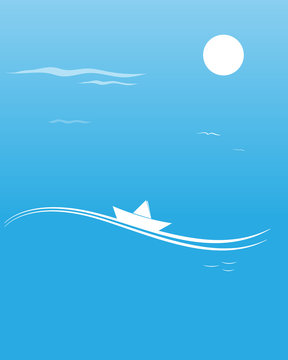 Paper boat on a wave romantic blue card background vector image