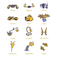 Twelve zodiac signs accessories flat cartoon vector illustrations set. Astrological calendar, horoscope chart symbols with names. Scales, fish, lion head objects. Isolated hand drawn item