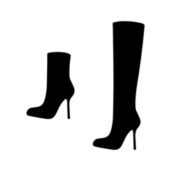 High women boots silhouettes. Fashion women high heel boots. Demi season shoes. Trendy leather high boots. Pair of casual footwear. Silhouettes of ladies jackboots. Vector illustration