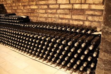 Vintage wine bottles in Hungarian wine cellar, Tokaj