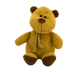 Teddy bear isolated on white background. Soft toy for gift, greeting card, packaging or mock up