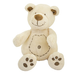 Fototapeta na wymiar Teddy bear isolated on white background. Soft toy for gift, greeting card, packaging or mock up