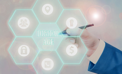 Writing note showing Digital Age. Business concept for introduction of the demonstratingal computer...