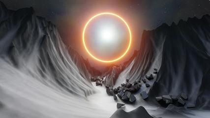 Abstract background of mountains and orange neon circle