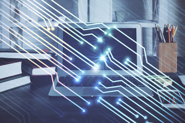 Technology theme drawing and work space with computer. Multi exposure. Concept of innovation.