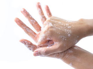 Fototapeta premium Man hands washing by soap with water for prevention corona virus, bacteria and germ, health care concept.