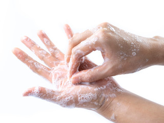 Fototapeta premium Man hands washing by soap with water for prevention corona virus, bacteria and germ, health care concept.