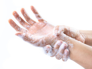 Man hands washing by soap with water for prevention corona virus, bacteria and germ, health care concept.