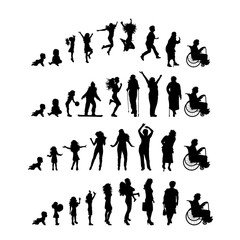 Set of vector silhouette of people in different age on white background. Symbol of generation from child to old person.
