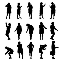 Set of vector silhouette of obese women on white background. Symbol of elderly lady in different pose.