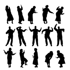 Set of vector silhouette of obese men and women on white background. Symbol of elderly people in different pose.